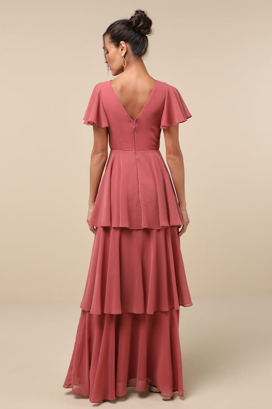 Lulus Sincerely Exquisite Rusty Rose Short Sleeve Tiered Maxi Dress In Pink