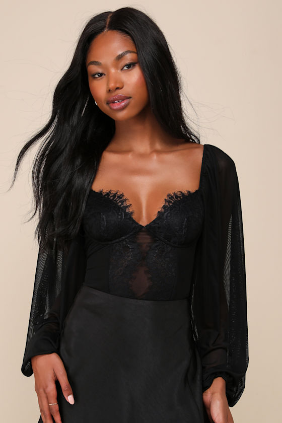Instant Attraction Black Long Sleeve Lace Bustier Bodysuit 7