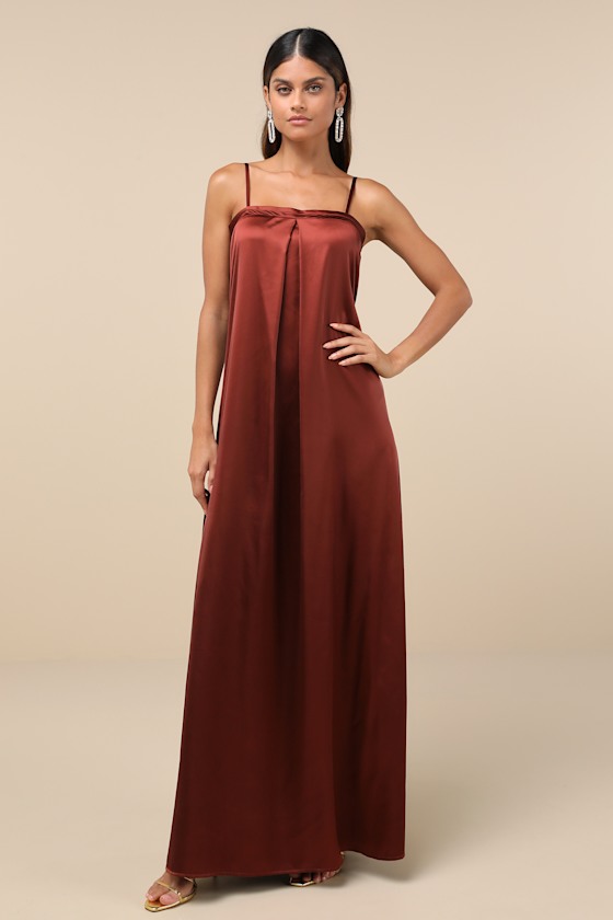 LULUS MODERN POISE RUST RED SATIN PLEATED SLEEVELESS MAXI DRESS