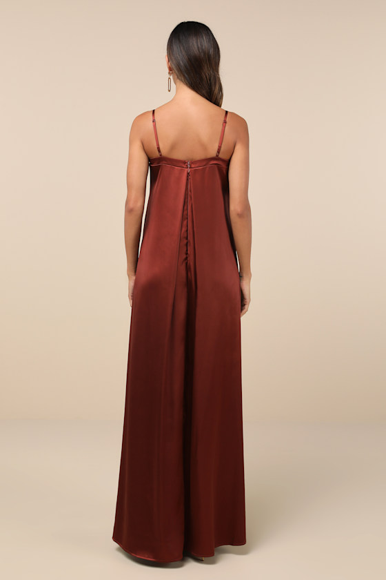 LULUS MODERN POISE RUST RED SATIN PLEATED SLEEVELESS MAXI DRESS
