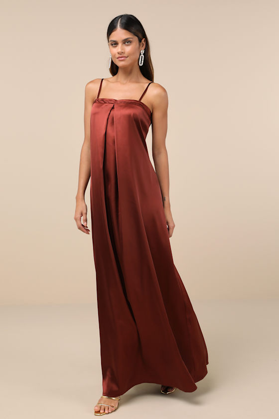 LULUS MODERN POISE RUST RED SATIN PLEATED SLEEVELESS MAXI DRESS