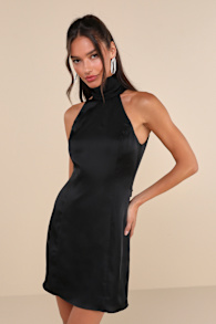 Infinite Admiration Black Satin Halter Mini Dress 1