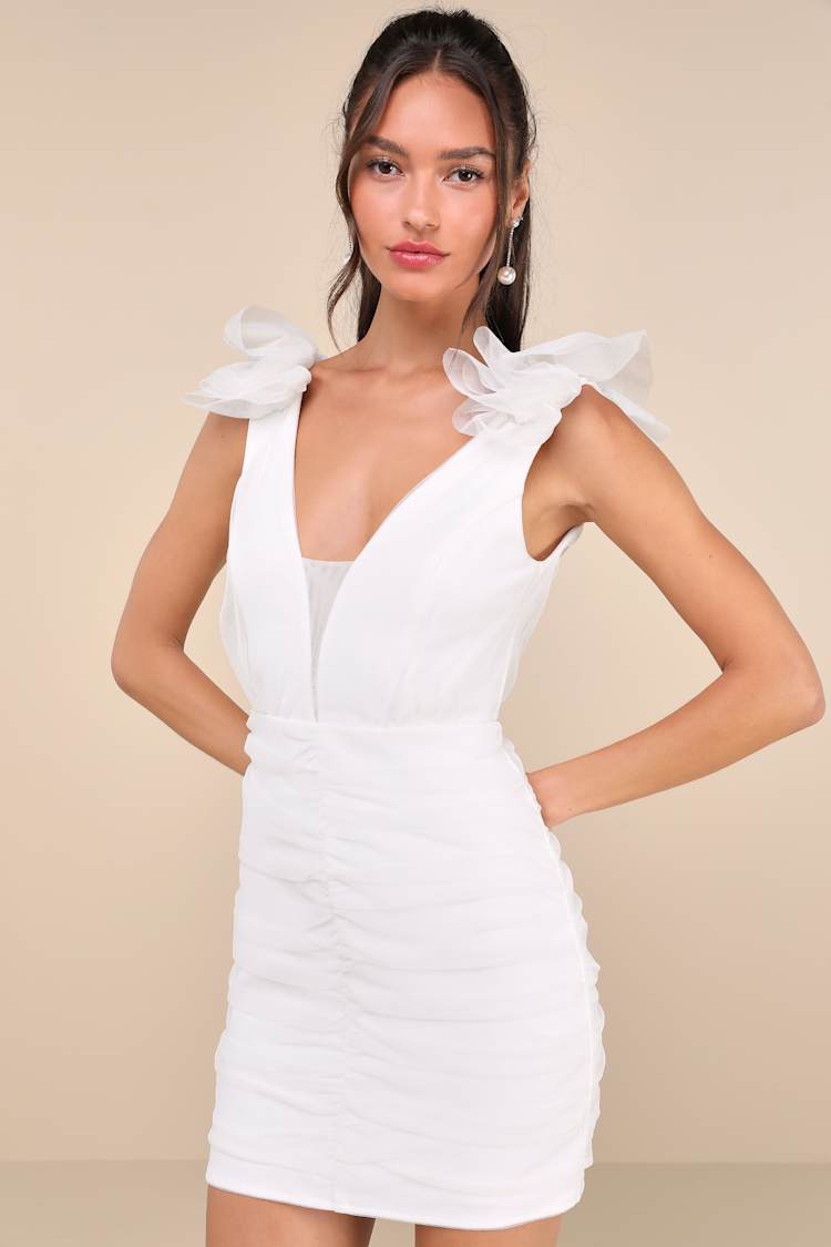 Peak Poise White Tulle Ruffled Bodycon Mini Dress