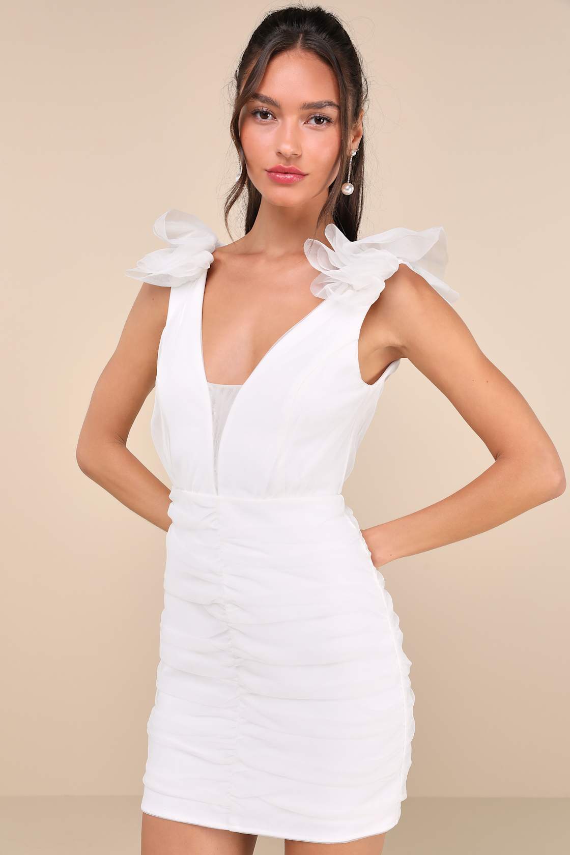 Peak Poise White Tulle Ruffled Bodycon Mini Dress