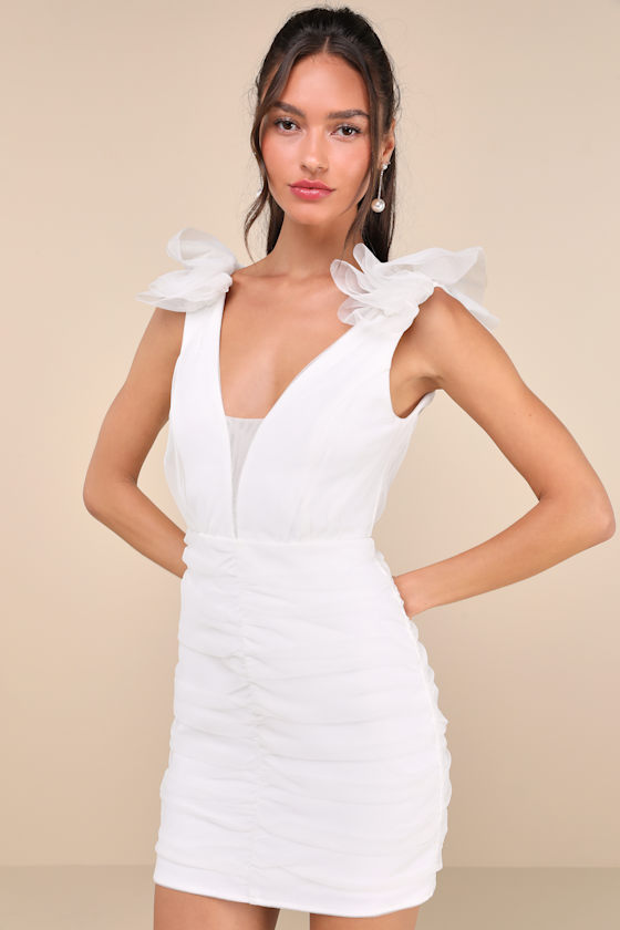 Peak Poise White Tulle Ruffled Bodycon Mini Dress 1