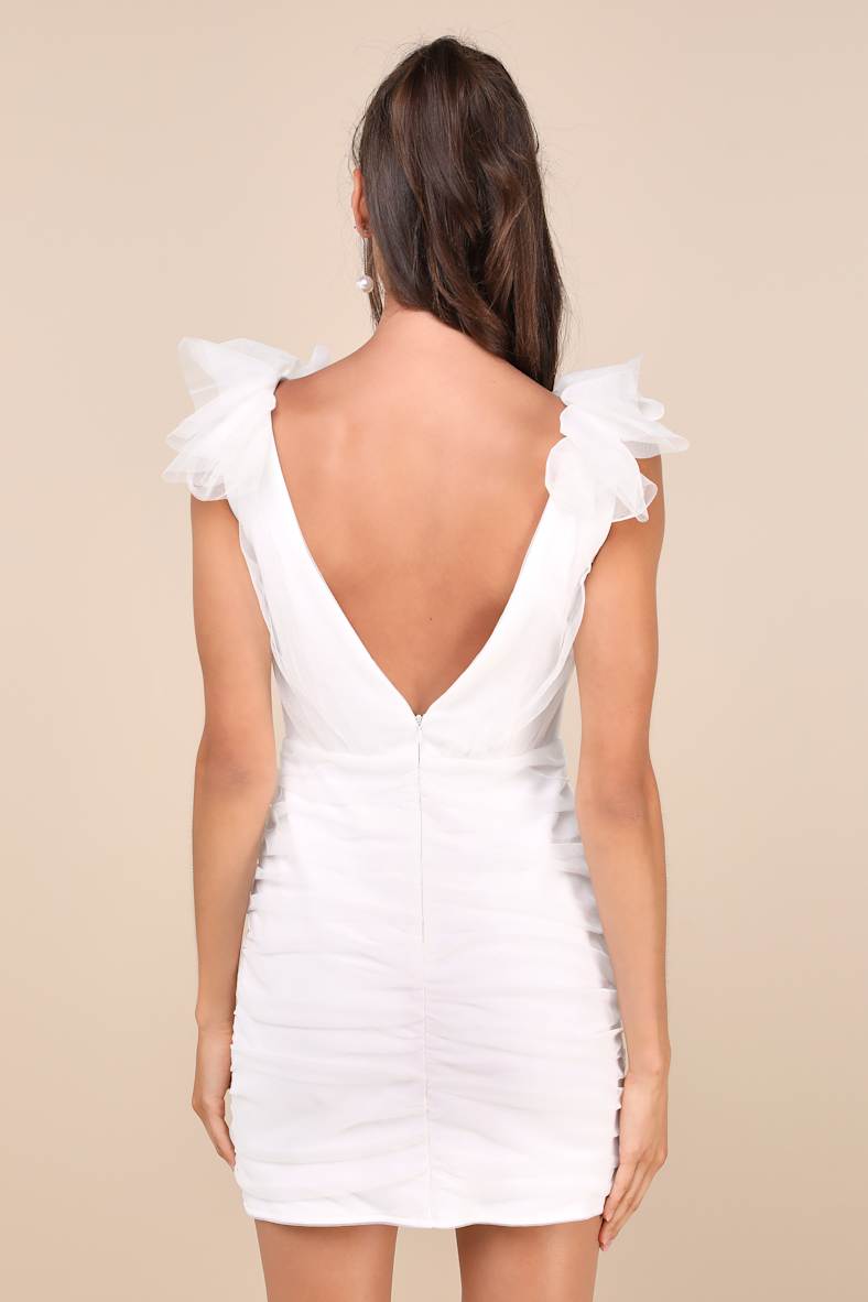 Peak Poise White Tulle Ruffled Bodycon Mini Dress
