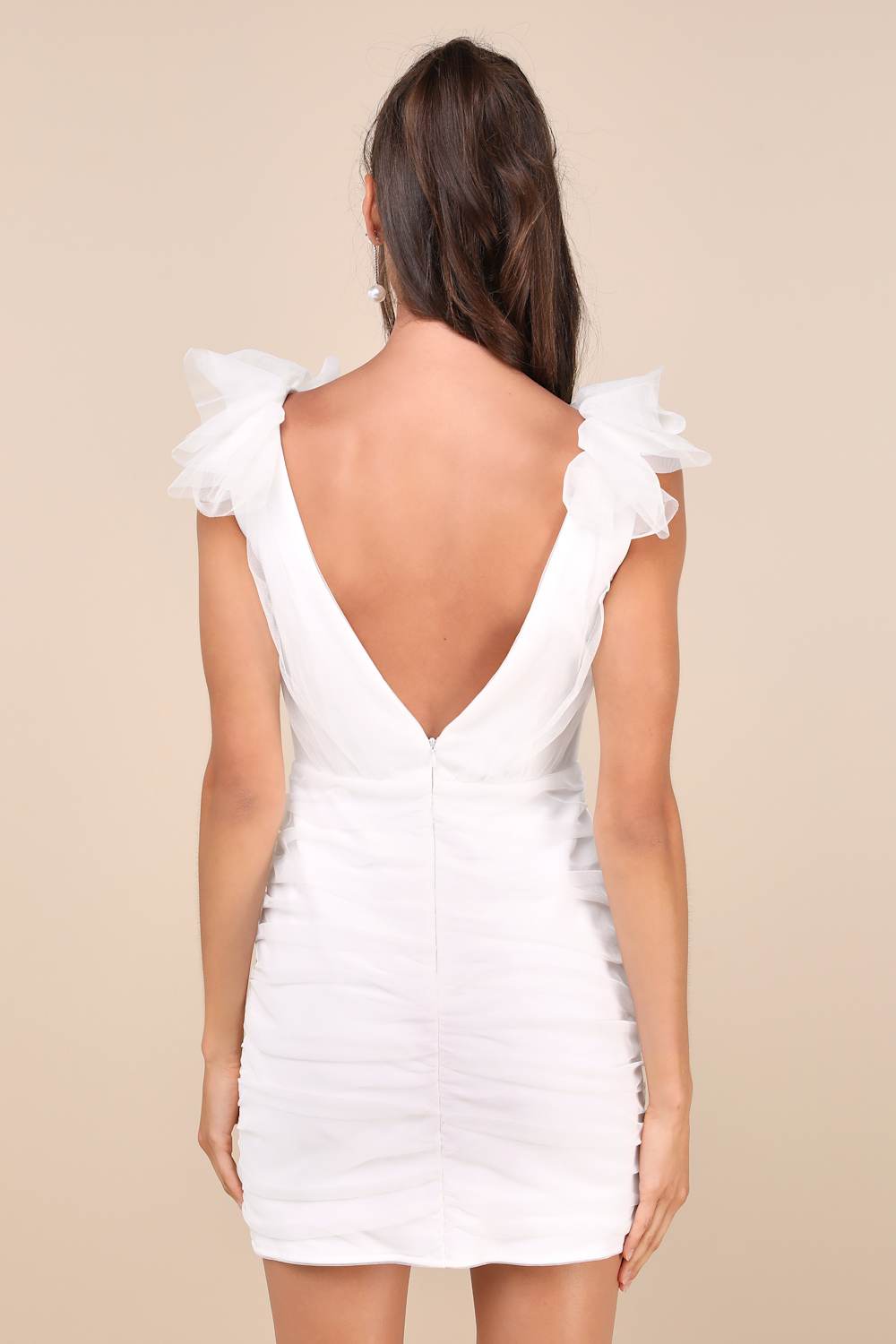 Peak Poise White Tulle Ruffled Bodycon Mini Dress