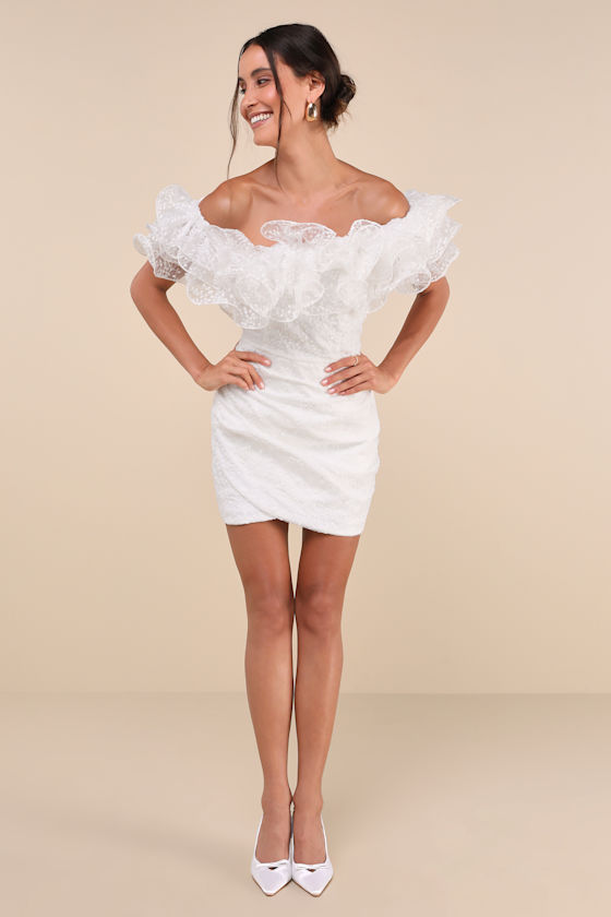 White Embroidered Dress - Ruffled One-Shoulder Dress - Mini White Embroidered Dress - Ruffled One-Shoulder Dress - Mini