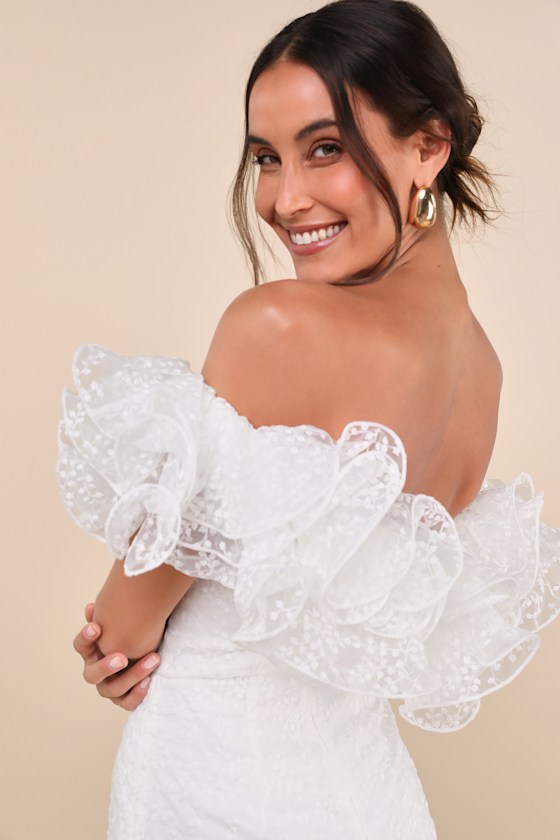 Lulus Angelic Trend White Embroidered Ruffled One-shoulder Mini Dress In White
