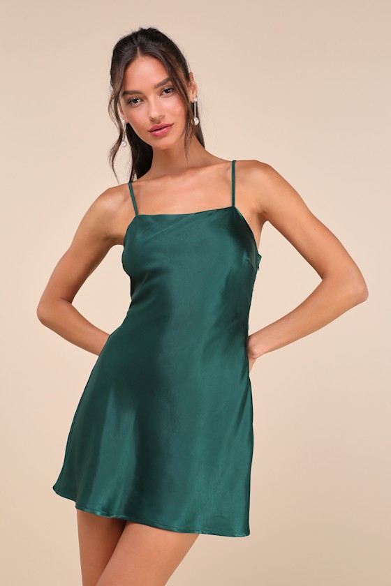 Lulus Sincerest Elegance Emerald Satin Cowl Back Bow Mini Dress In Green