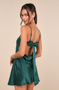 Sincerest Elegance Emerald Satin Cowl Back Bow Mini Dress 4