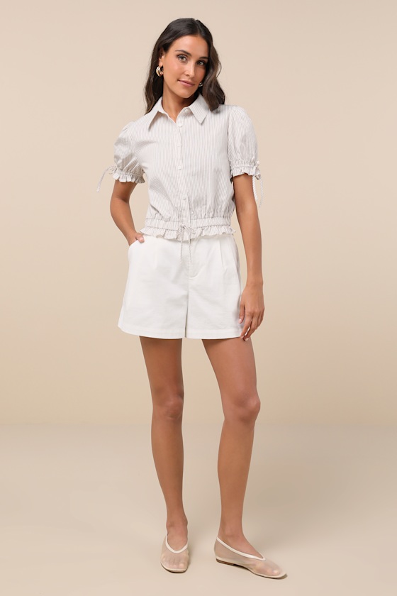 Ivory and Brown Striped Top - Puff Sleeve Top - Cute Collared Top
