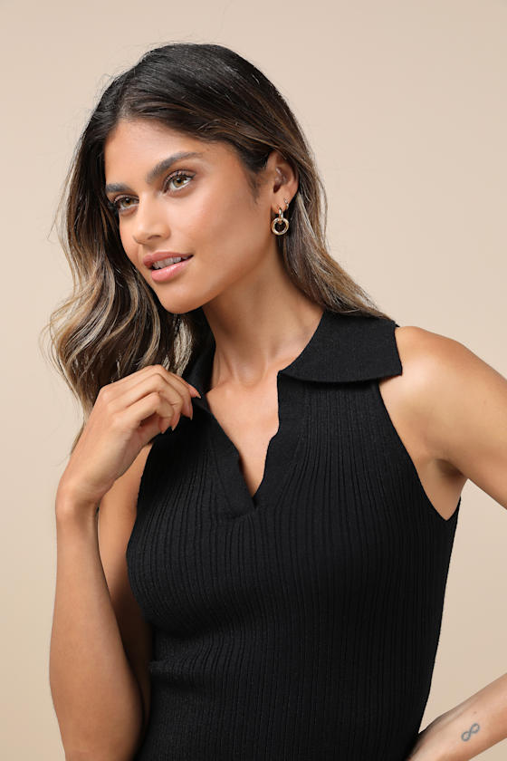 Lulus Sincerely Trendy Black Ribbed Collared Sleeveless Sweater Top In Black