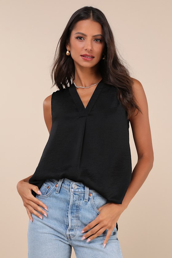 Black Satin Tank Top - V-Neck Tank Top - Textured Satin Tank Top - Lulus