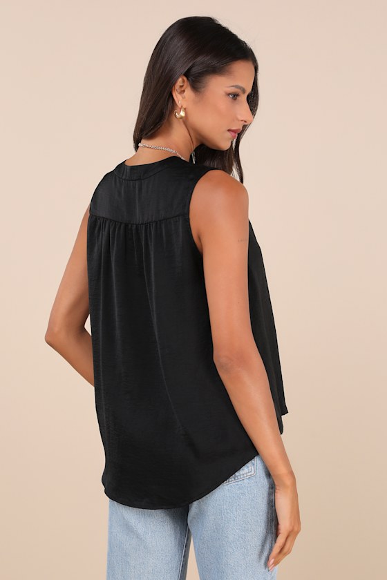 Lulus Compelling Simplicity Black Satin V-neck Tank Top In Black