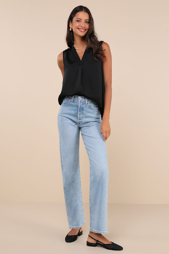 Lulus Compelling Simplicity Black Satin V-neck Tank Top In Black
