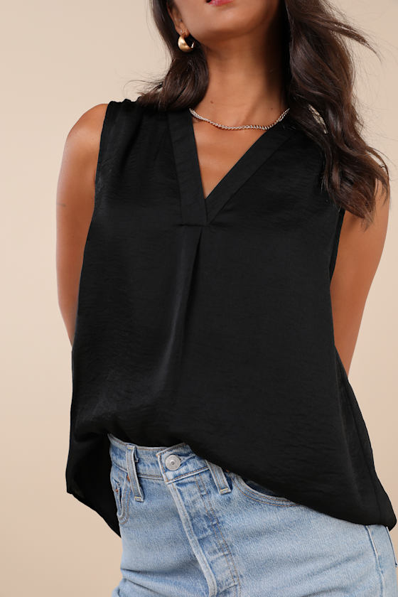 Lulus Compelling Simplicity Black Satin V-neck Tank Top In Black