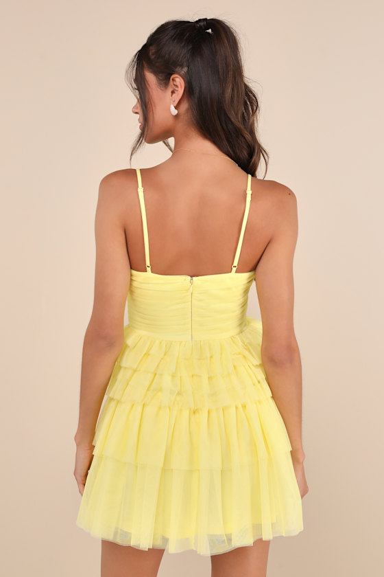 Lulus Special Poise Yellow Tulle Pleated Sleeveless Tiered Mini Dress In Yellow