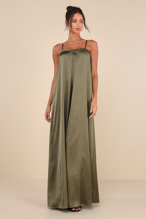 Vintage Strapless Olive Green Satin Pleated Beaded Mermaid Long Wedding Guest Dress Party Dress SP1338