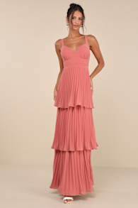 Luxe Perfection Rusty Rose Pleated Tiered Backless Maxi Dress 1