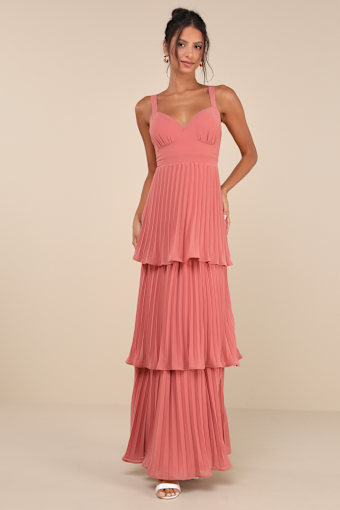 Luxe Perfection Rusty Rose Pleated Tiered Backless Maxi Dress 1
