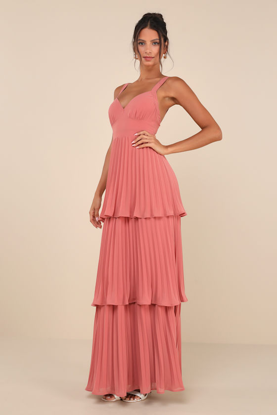 Lulus Luxe Perfection Rusty Rose Pleated Tiered Backless Maxi Dress In Pink
