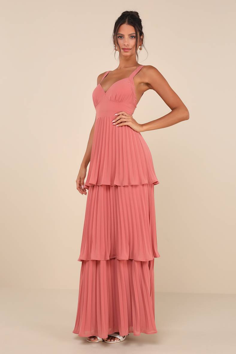 Luxe Perfection Rusty Rose Pleated Tiered Backless Maxi Dress