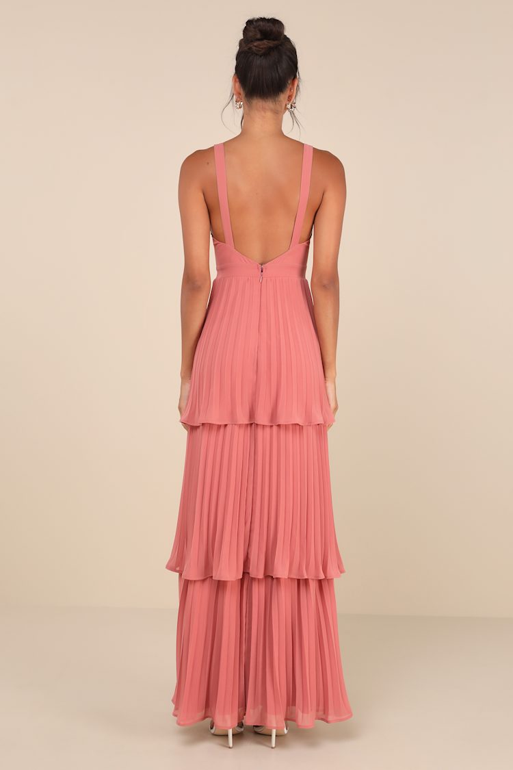 Luxe Perfection Rusty Rose Pleated Tiered Backless Maxi Dress