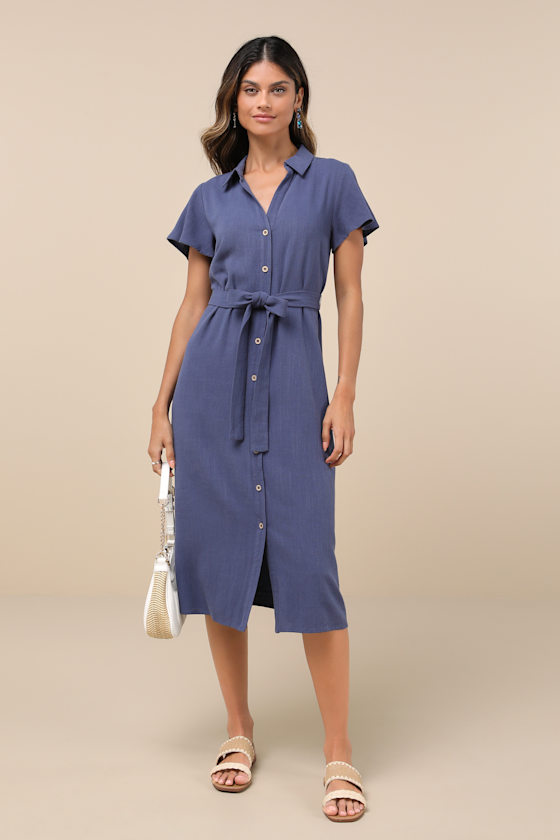 Shop Lulus Italian Summer Dark Blue Linen Button-up Short Sleeve Midi Dress