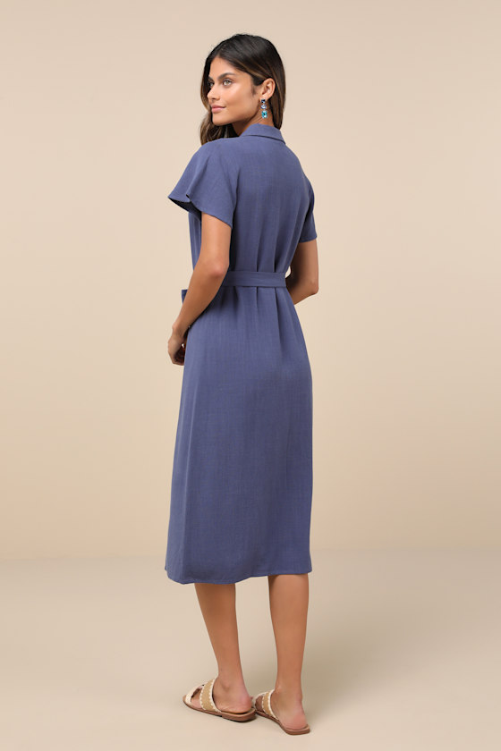 Shop Lulus Italian Summer Dark Blue Linen Button-up Short Sleeve Midi Dress