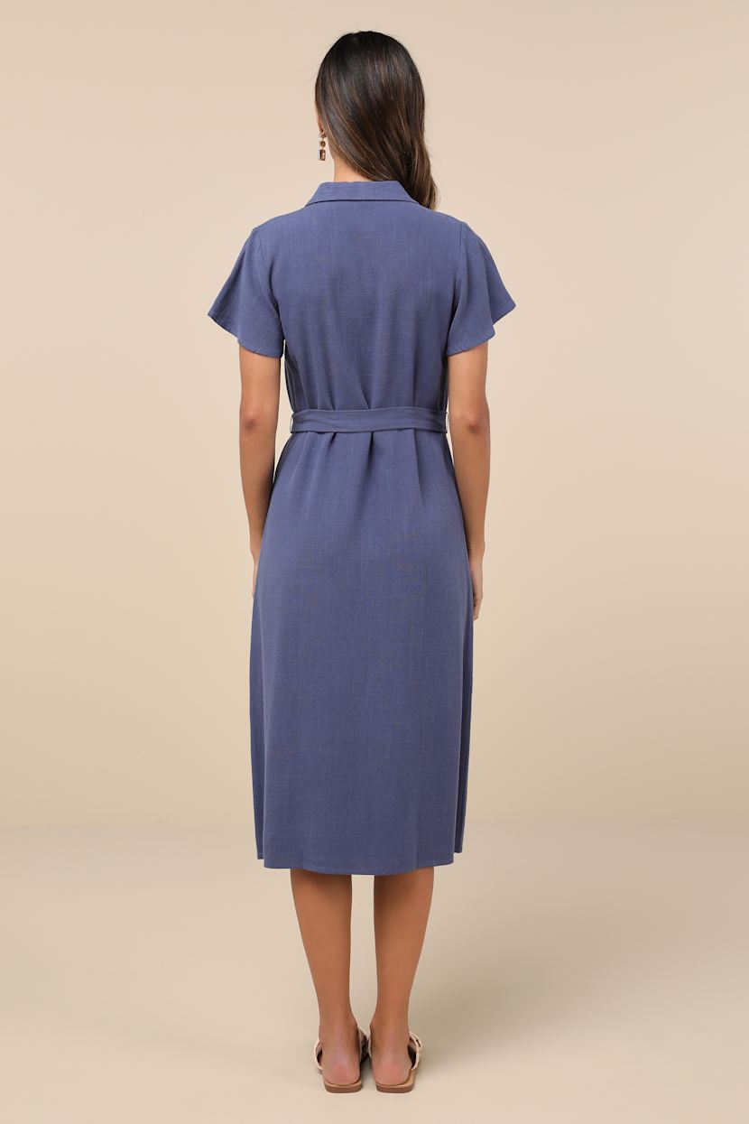 Dark Blue Linen Dress - Button-Up Dress - Short Sleeve Midi Dress - Lulus