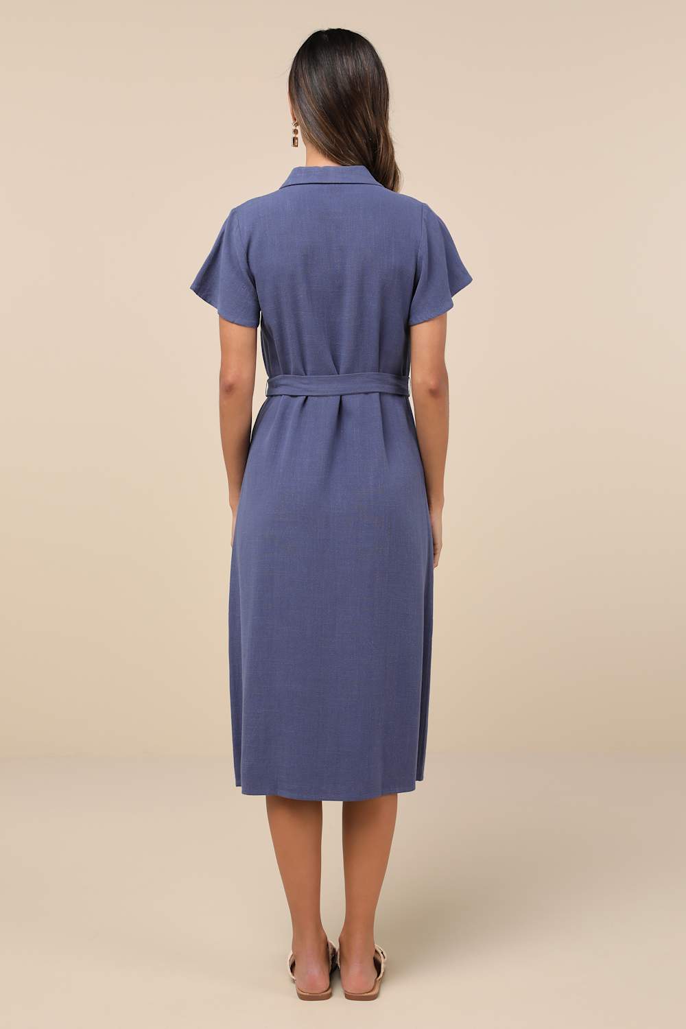 Italian Summer Dark Blue Linen Button-Up Short Sleeve Midi Dress