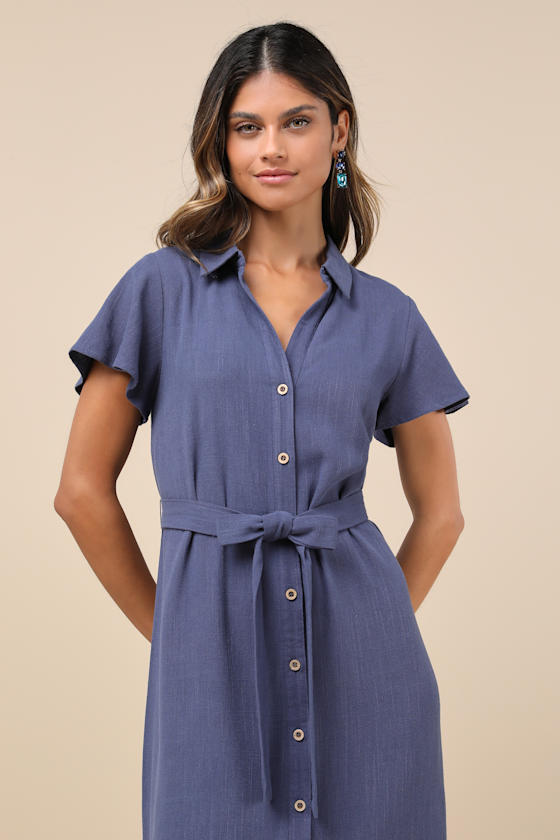 Shop Lulus Italian Summer Dark Blue Linen Button-up Short Sleeve Midi Dress
