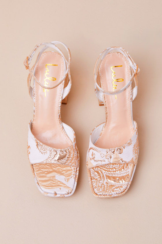 Lulus Shirine White And Gold Jacquard Platform Ankle Strap Pumps In White