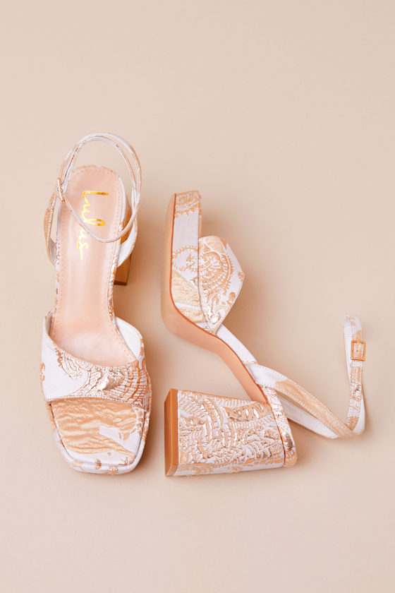 Lulus Shirine White And Gold Jacquard Platform Ankle Strap Pumps In White