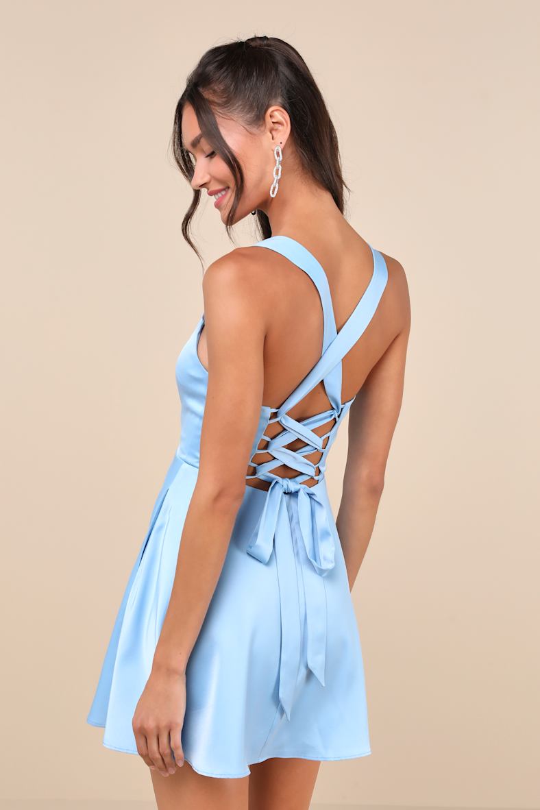 Admirably Chic Light Blue Satin Lace-Up Mini Dress with Pockets