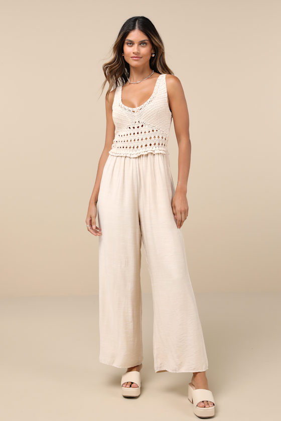 Beige Crochet Jumpsuit - Sleeveless Jumpsuit - Wide-Leg