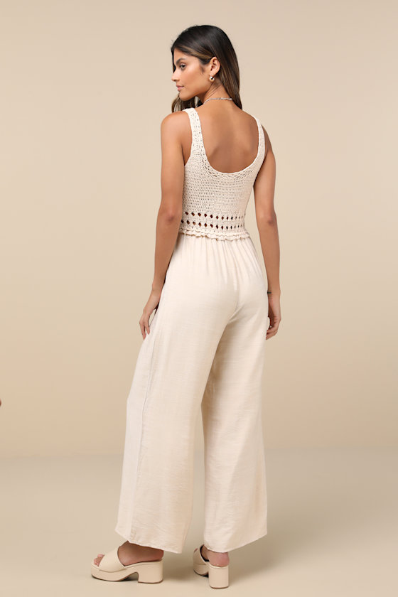 Lulus Breezy Demeanor Beige Crochet Sleeveless Wide-leg Jumpsuit In Beige