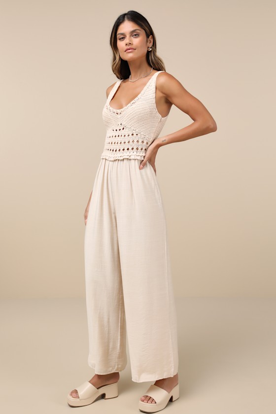Lulus Breezy Demeanor Beige Crochet Sleeveless Wide-leg Jumpsuit In Beige