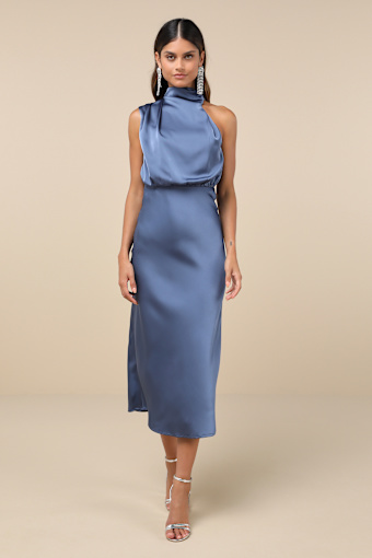 Distinctive Charm Slate Blue Satin Asymmetrical Midi Dress 4