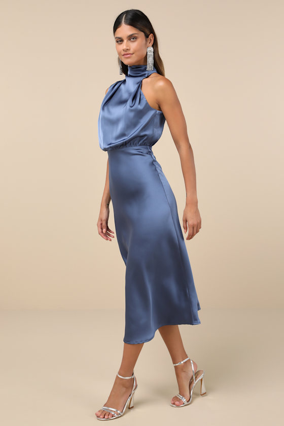 Lulus Distinctive Charm Slate Blue Satin Asymmetrical Midi Dress In Slate Blue