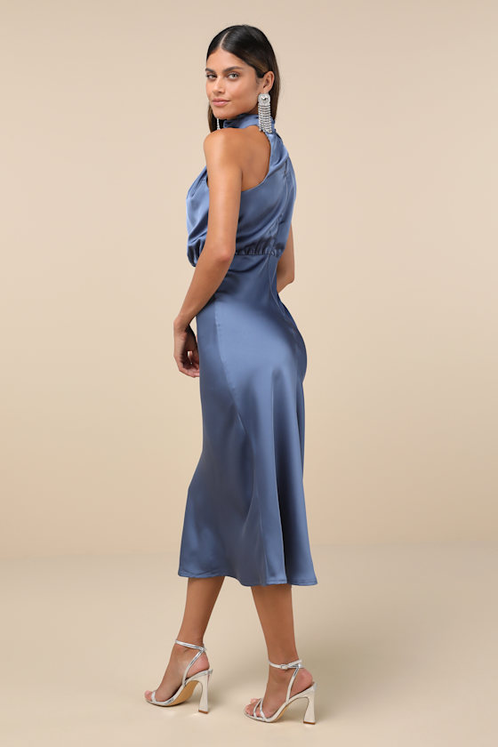Lulus Distinctive Charm Slate Blue Satin Asymmetrical Midi Dress In Slate Blue