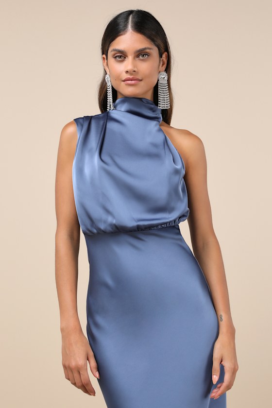 Lulus Distinctive Charm Slate Blue Satin Asymmetrical Midi Dress In Slate Blue
