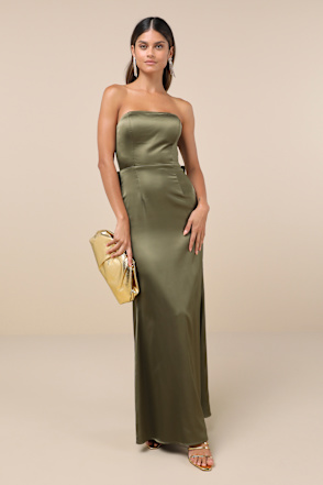 fitted lace wedding dress Elegant olive off-the-shoulder silk maxi dress main image 1