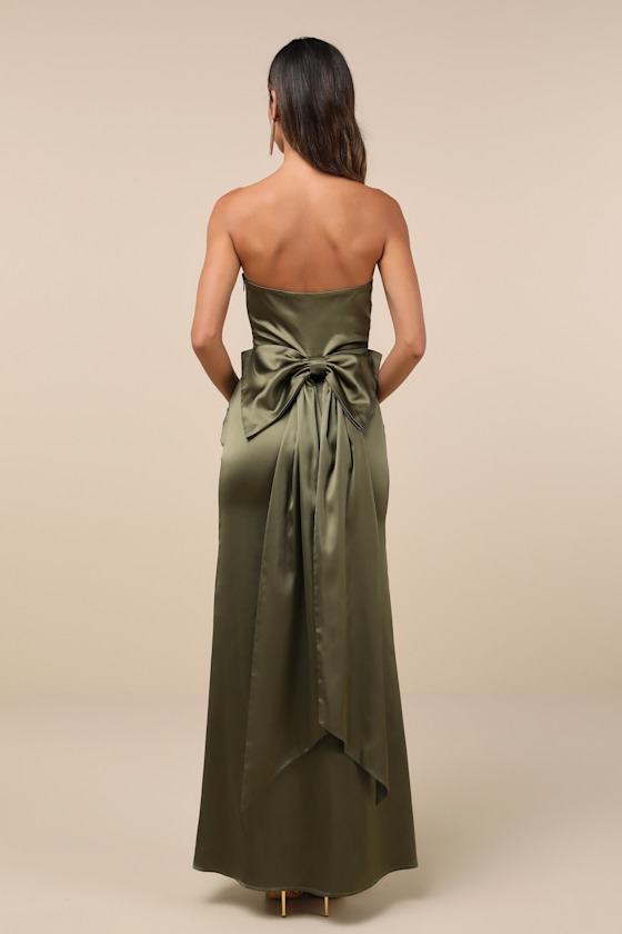Absolutely Poised Olive Green Satin Strapless Bow Maxi Dress 2