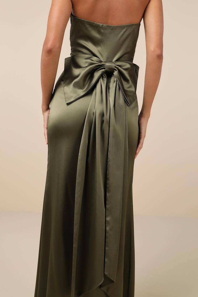 Absolutely Poised Olive Green Satin Strapless Bow Maxi Dress