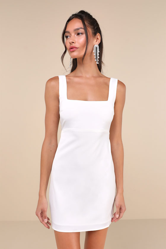 White Satin Dress Square Neck Dress Cute Mini Dress Lulus