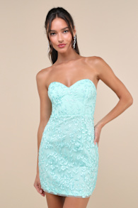 Exquisite Sensation Teal Floral Embroidered Strapless Mini Dress 1