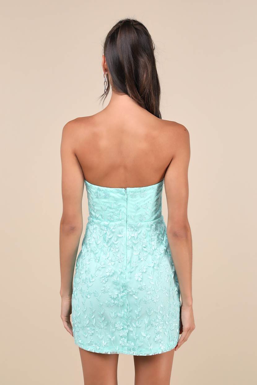 Exquisite Sensation Teal Floral Embroidered Strapless Mini Dress