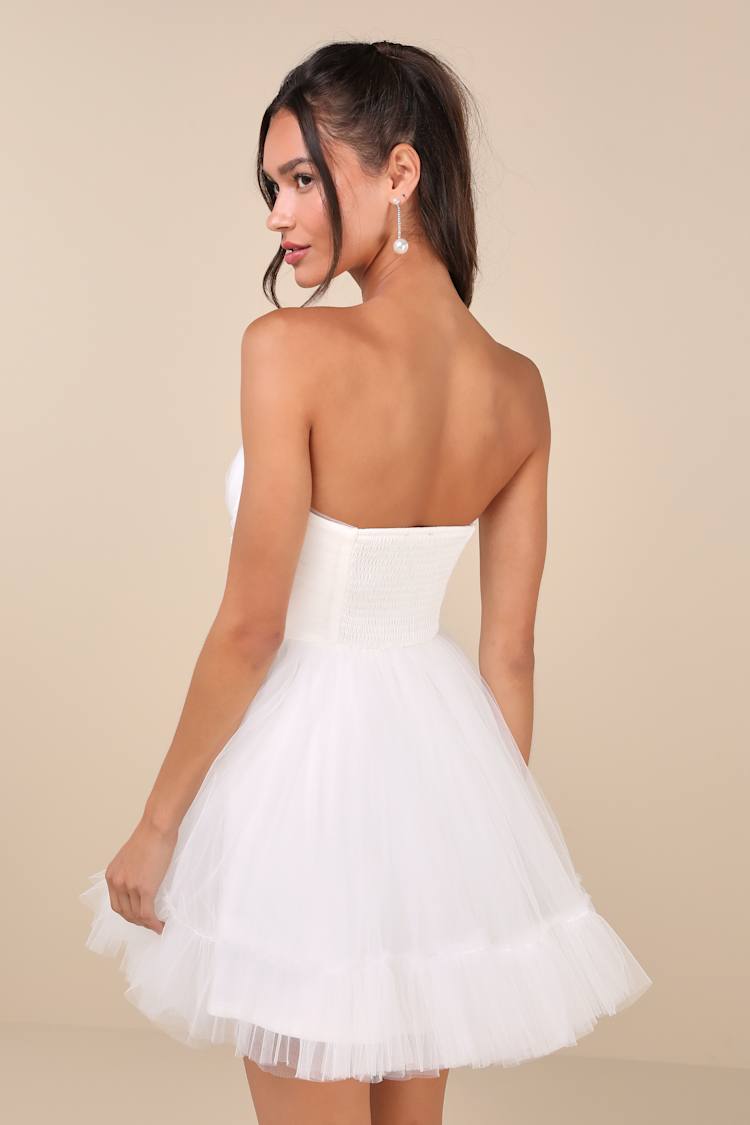 Lovely Flirtation White Tulle Strapless Bustier Mini Dress